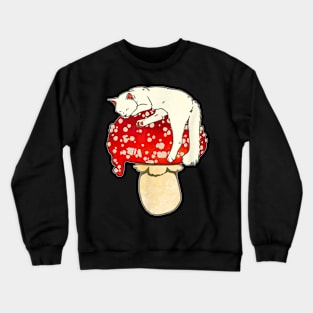 Cute White Cat Sleeping On Red Spotted Mushroom Crewneck Sweatshirt